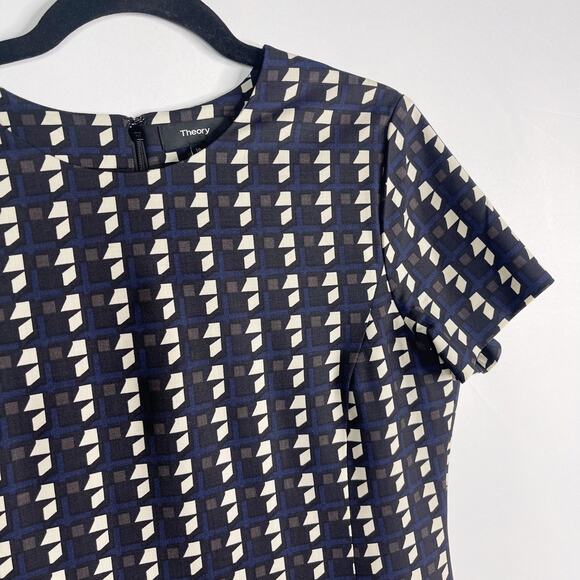 Theory 10 Black Blue Jatinn Geometric Plaid Tile Print Shift Dress Short Sleeve - Picture 5 of 11
